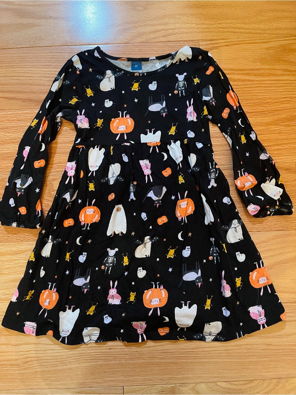 Old Navy Black Halloween Kids Dress with Orange Pumpkin & Pink Bunny Print